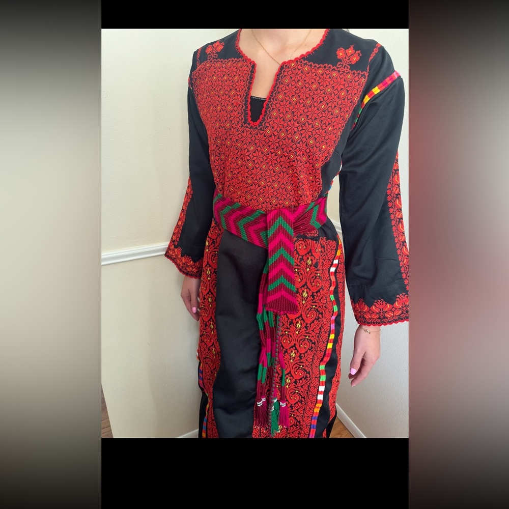 Palestinian Thobe , Black and Red Embroidered handmade Thobe Dress.